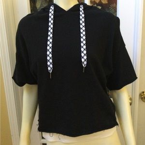 Betsey Johnson Womens Large Black cropped fleece hoodie distressed raw edges